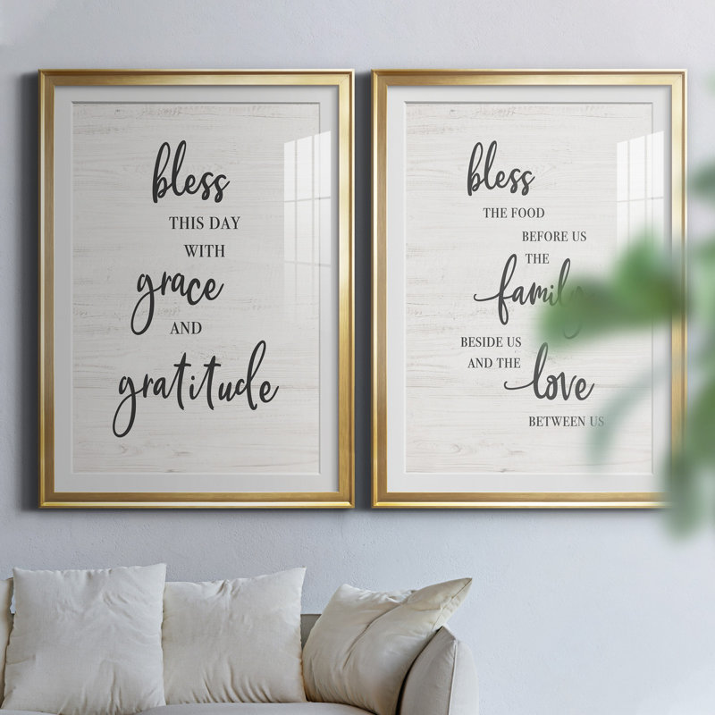 «Bless this Day», ensemble de 2 reproductions d'art textuel, H 26,5 po x l 73 po x P 1,5 po, Papier encadré doré, Blanc