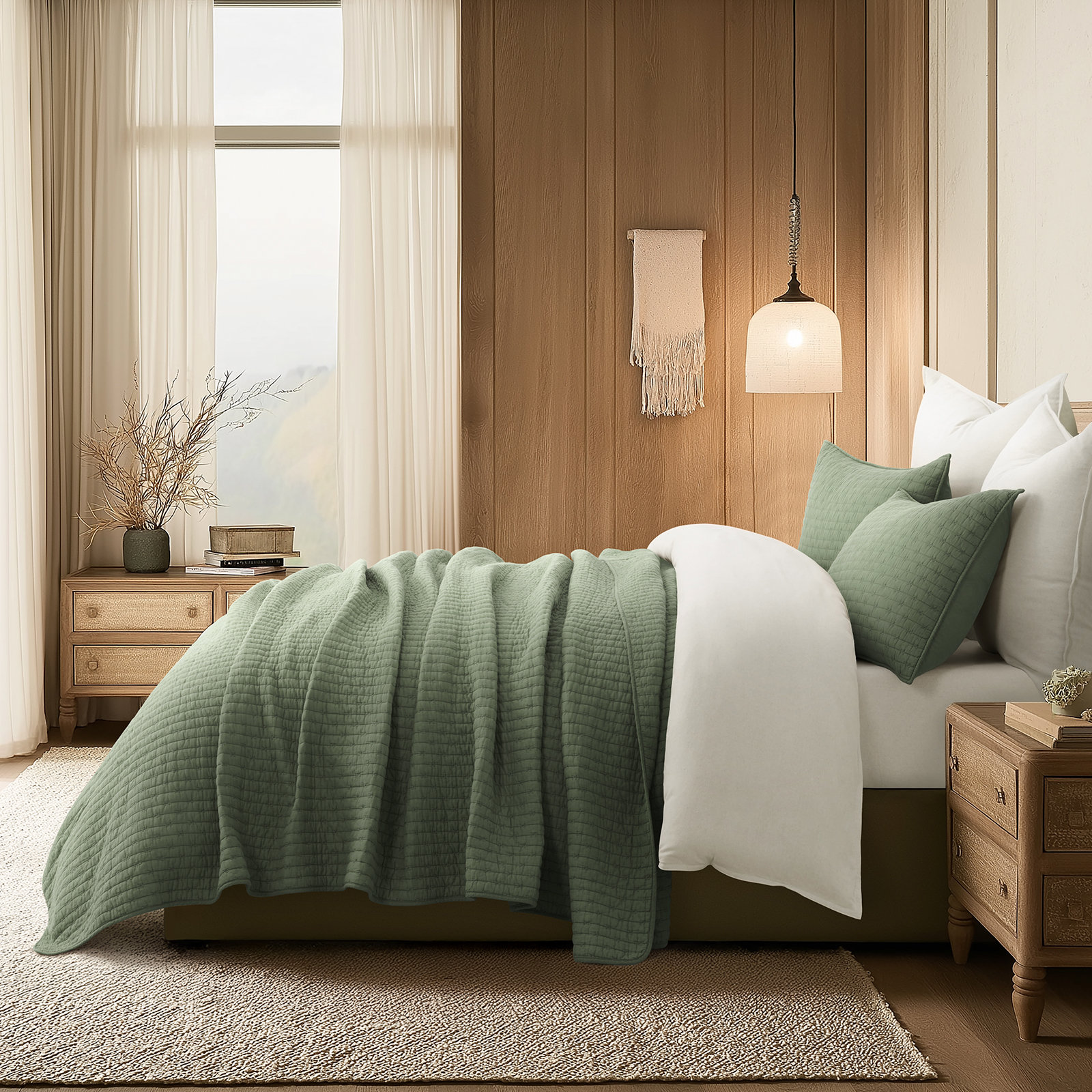 Cross Stitch Cotton Quilt set, King + 2 Shams, Olive Green