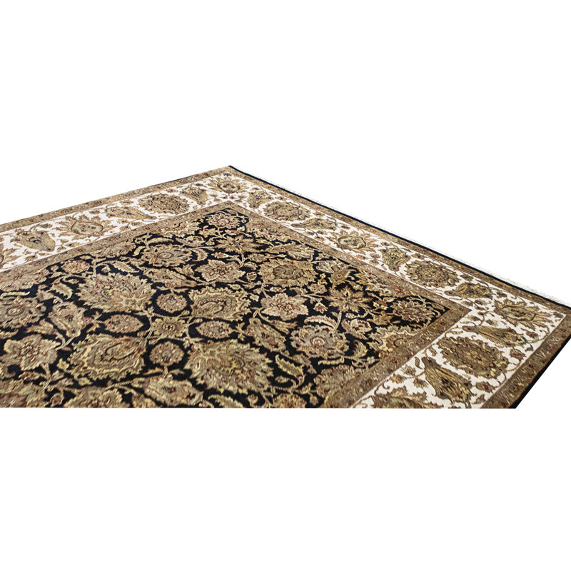 Tapis noir et ivoire de haute qualité noué à la main
