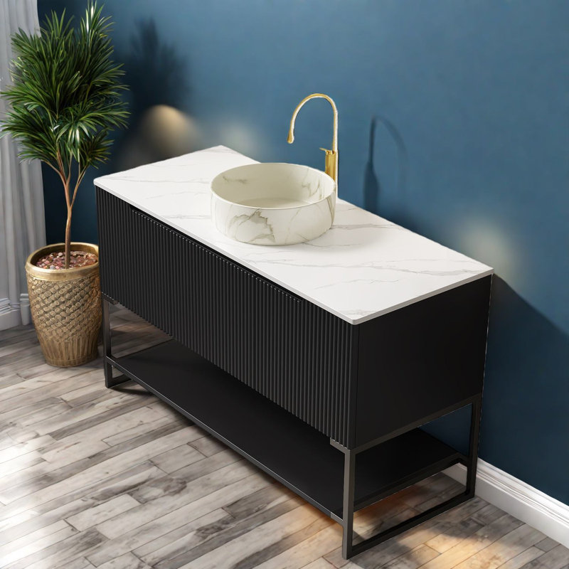 Meuble-lavabo moderne de 48 po avec rangement, panneau de fibres à densité moyenne et pierre frittée, lavabo brillant pour la maison