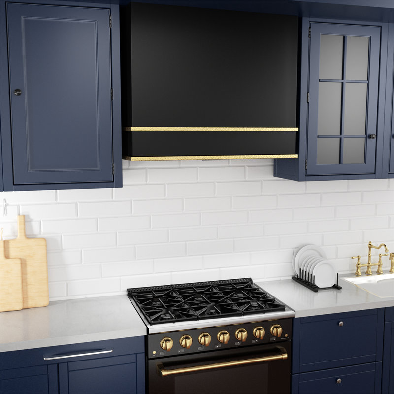 Akicon 36" Stainless Steel 600 CFM Ducted (Vented) Wall Mounted Required Range Hood, Black/Gold