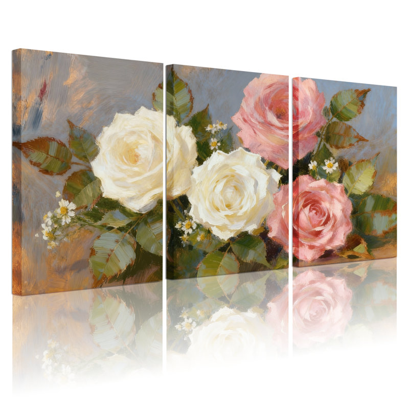 «Rose Rose Floral Bouquet», ensemble de 3 reproductions d'art sur toile, H 30 po x l 60 po