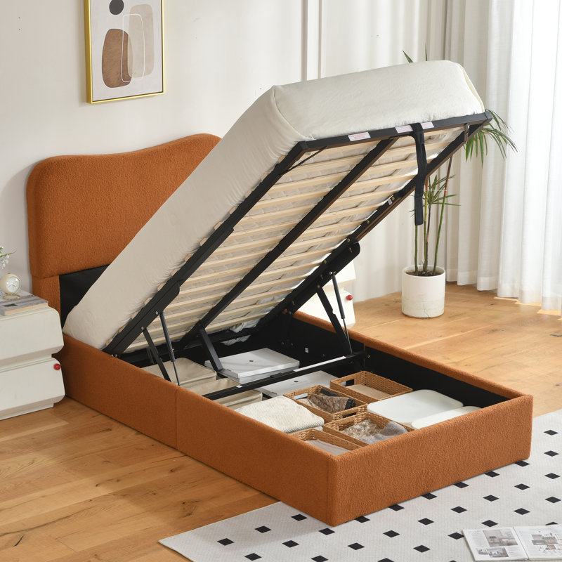 Lit plateforme tapissier Bensu Boucle, Simple, Brun