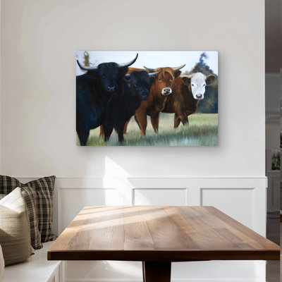 Four Highland Cows Black Metal Print | Bedroom Decor