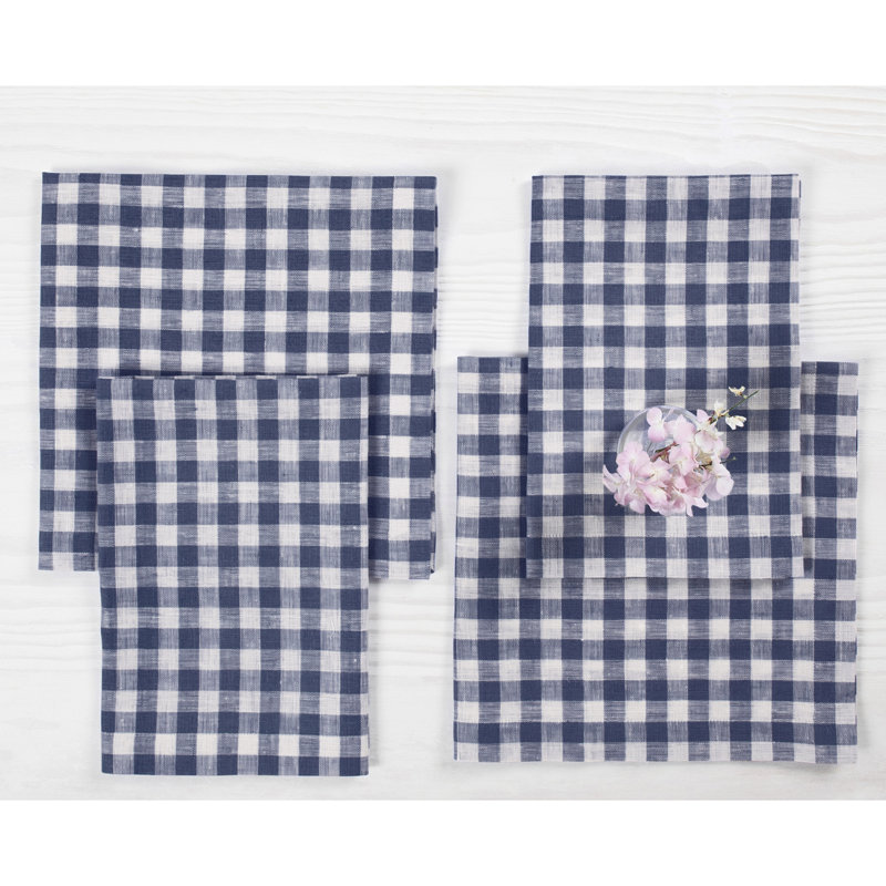 Gingham Check - 100% Pure Linen Dinner Napkins, Navy