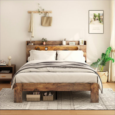 King Size Platform Bed Frame, Brown-toned Wood Metal Build With LED Headboard USB Charging Under-Bed Storage For Bedroom