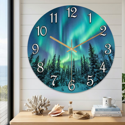 Landscape & Nature Northern Lights Forest Night Sky Aurora Trees Snow Ultra Clear Glass Wall Clock
