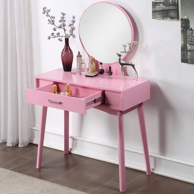Contemporary Wood Vanity And Stool Set, Pink, Pink