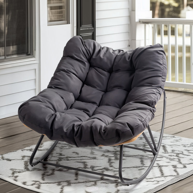Rattan-Woven Metal-Framed Rocking Chair With Cushion, Grey, Black