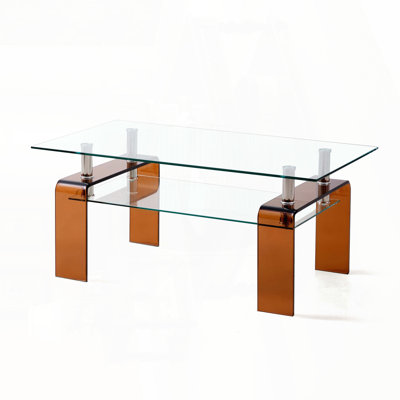 Tempered Glass Coffee Table with Brown Legs – 2-Tier Modern Design