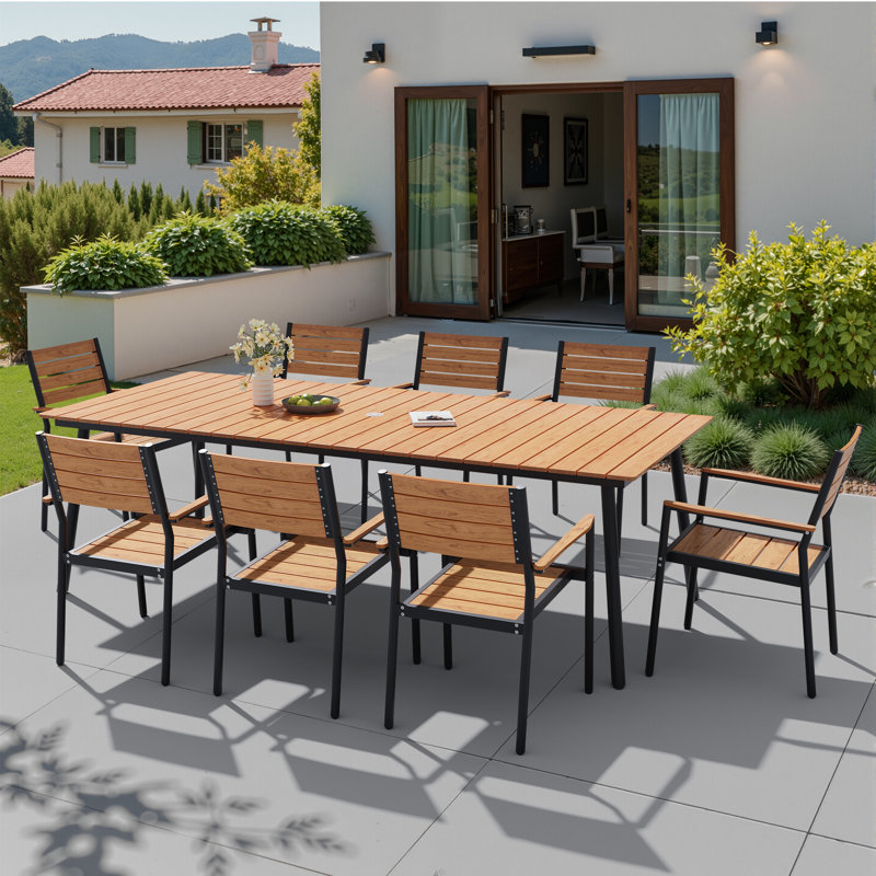  Ensemble de salle à manger de patio en aluminium pour 8 personnes L 94,5 po Georgean avec chaises empilables et trou pour parasol