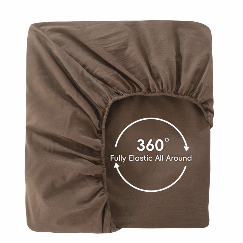 MooMee Fitted Sheet Only Extra Deep Pocket 100% Washed Cotton Linen Like Textured Lightweight Breathable, Queen , Brown