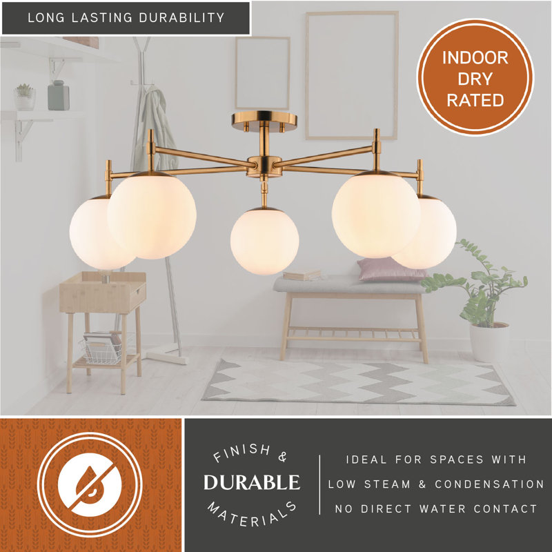 Armitage 5-Light 32 in. Wide Muted Brass Gold Mid-Century Modern Globe Semi Flush Mount Lighting Fixture, White Opal Glass Shade, LED Compatible, for Low Ceilings, Bedroom, Hallway, Kitchen