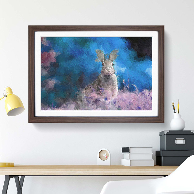 Curious Hare in Abstract - Picture Frame Painting Print on MDF, 48cm H x 65cm W x 2cm D, Walnut Framed