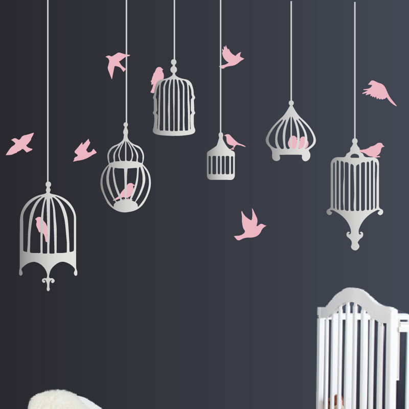 Décalcomanie murale galores oiseau, H 48 po x l 58 po x p 0,01 po, Rose / argenté