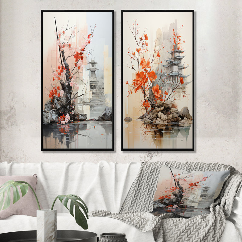 Glennville - Art asiatique, ensemble de 2 reproductions d'art sur toile, Cadre flottant noir, H 40 po x l 41 po