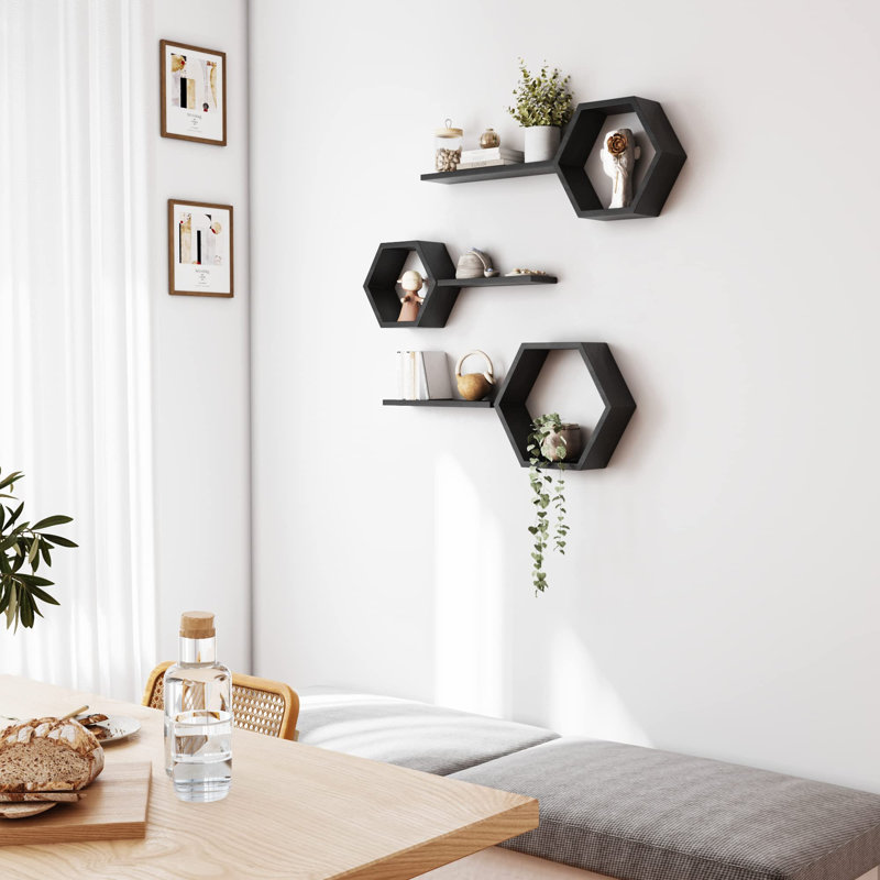 Wooden Hexagon Floating Shelves Wall Mounted Set Of 6 Pine Display For Photos Plants Rustic Living Room Bedroom