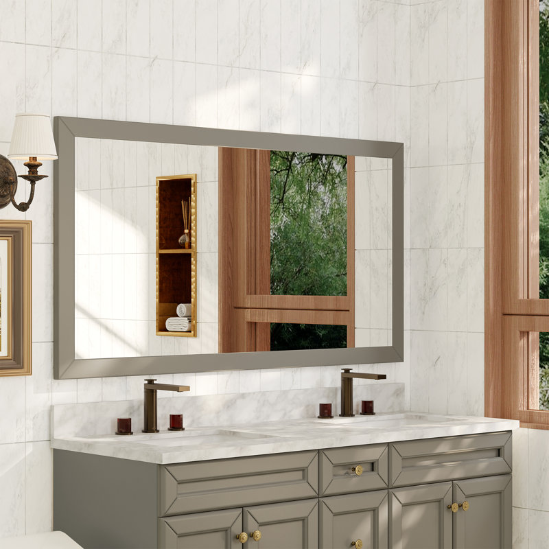 Miroir mural mural en bois massif, miroir droit de salle de bain de 5 mm,, Gris, 34 po x 60 po