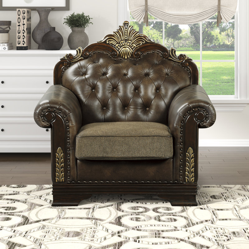 Vega 46" Traditional Accent Chair with Faux Leather and Microfiber upholstery, Button-Tufted Back, Foam over Pocket Coils