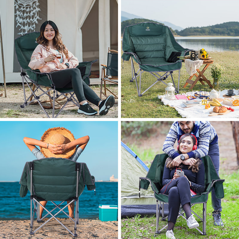 Green Metal Frame Folding Camping Chair with Cushions