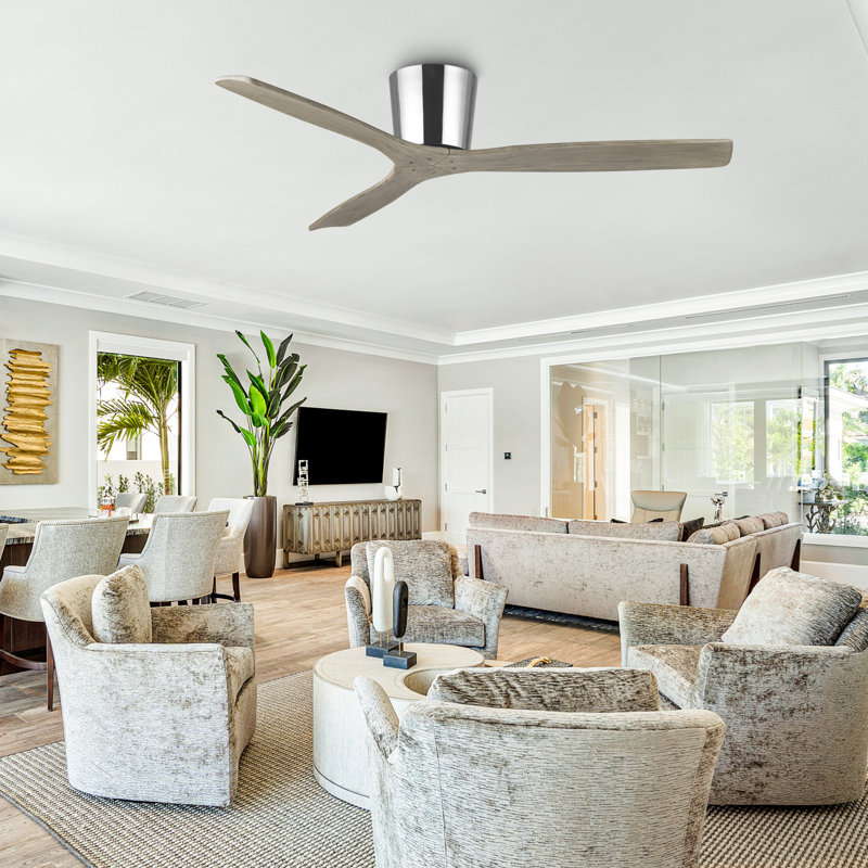 54" Farmhouse Solid Wood Blades Propeller Flush Mount Ceiling Fan without Lights, 6-Speed Reversible DC Motor, Timer, Remote Control Included