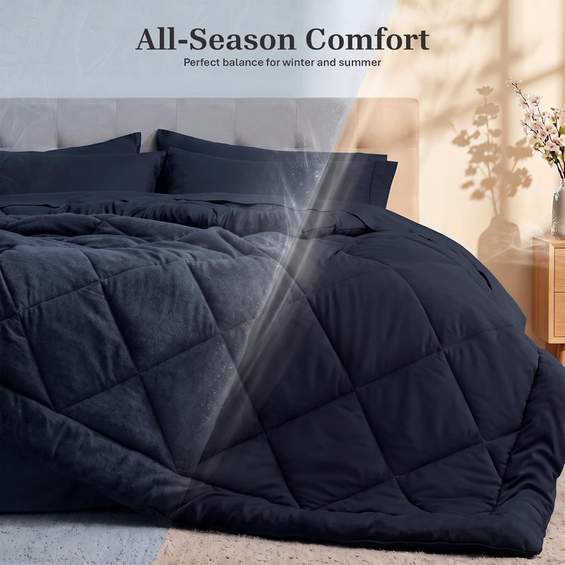 Ensemble de literie Utopia Bedding Queen bleu marine - Ensemble de literie complet 7 pièces, taille Queen, doux et luxueux, pour toutes les saisons, comprenant couette, draps, taies d'oreiller et housses de coussin, bleu marine