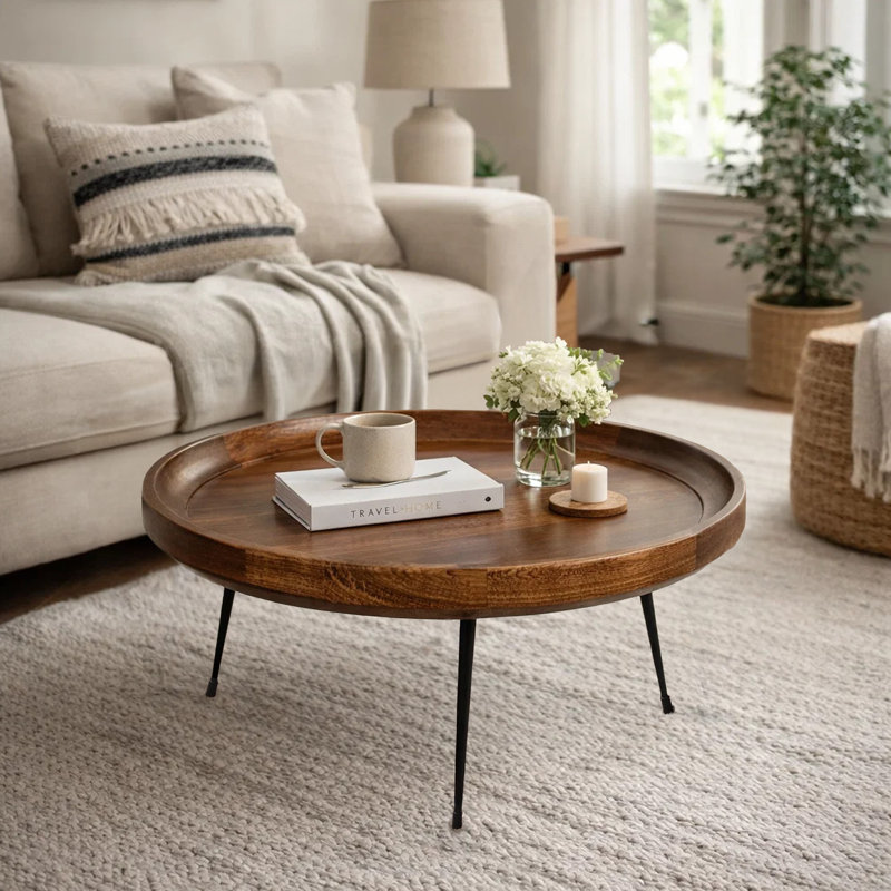 Zenaide Handcrafted Round Mango Wood  Coffee Table with Tray Top,  Dark Walnut Brown, Black Iron Legs