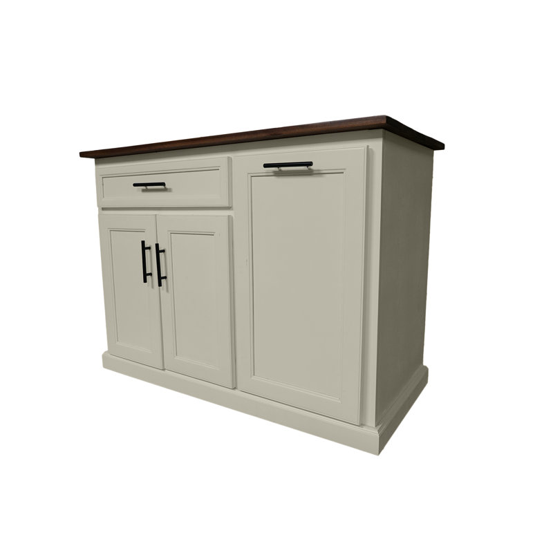 Modern 60" Solid Wood Kitchen Island with trash bin compartment and Drop Leaf, Soft White