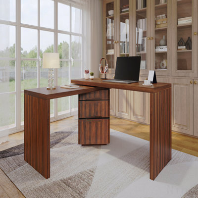 90" Modern L Shaped Desk In Natural Wood With 3 Drawers,360° Wood Rotating Desk,Executive Office Desk,Corner Desk,Office Study Workstation,For Home Office Or Living Room