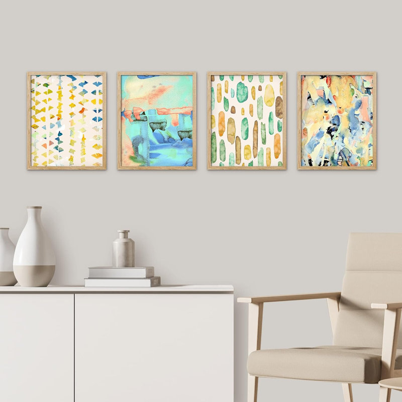 Ensemble de 4 reproductions murales abstraites géométriques encadrées sur papier de style Mid-Century pastel, Naturel