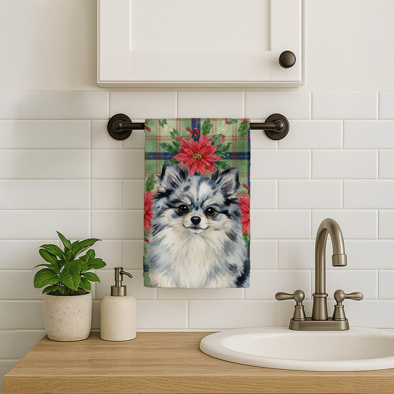 Blue Merle Pomeranian Christmas PoinsettIas Kitchen Towel, Blue Merle Pomeranian