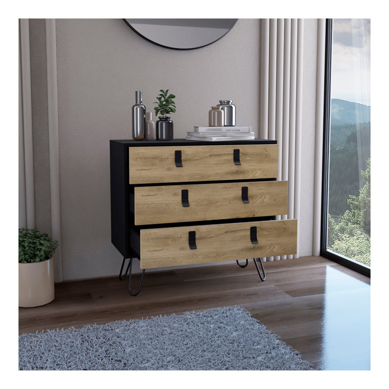 Commode H 29 po, commode à 3 tiroirs, commode moderne avec pieds en épingle à cheveux et accents métalliques, noir / macadamia