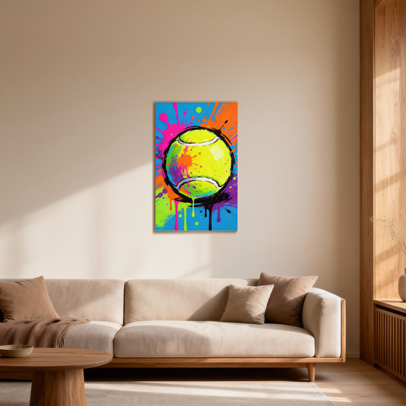 Balle de tennis abstraite et colorée avec éclaboussures de peinture, H 24 po x l 16 po