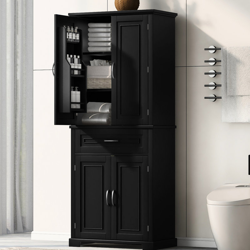 Armoire de rangement haute pour salle de bain - Armoire pratique avec tablettes réglables et finition noire, Noir