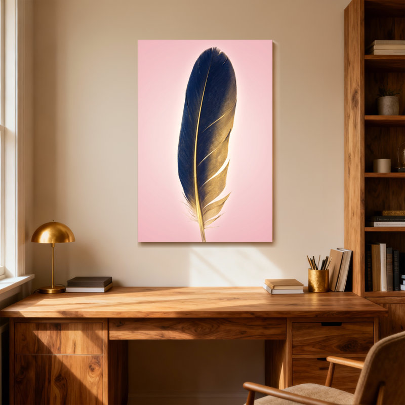 Plantes et fleurs, impression de plumes sur fond rose, H 30 po x l 20 po