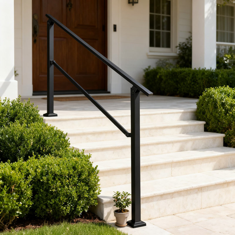 Outdoor Step Handrail Kit For 4 Steps, Adjustable Wrought Iron Stair Railing For Concrete Decks & Porches, Durable Exterior Safety Rail