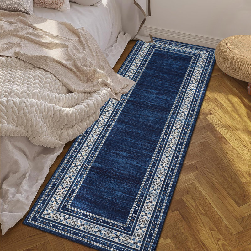 Washable Area Rug Modern Bordered Rug Non Slip Floor CarpetNon Shedding Neutral Rugs for Kitchen Bedroom Living Room, Navy