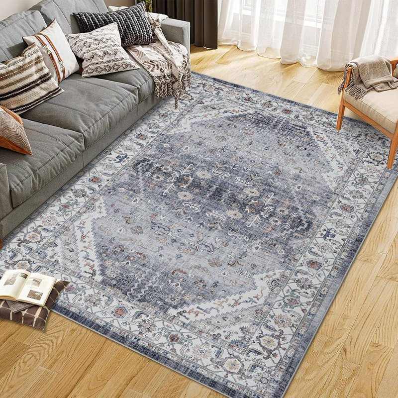 Machine Washable Ft Vintage Floral Printed Runner Rug, Non-Slip for Hallway, Entryway, Kitchen (Gray), Rectangle 9' x 12'
