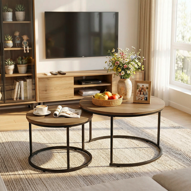 2-pieces Round Nesting Coffee Table Metal Frame And Wood Finish Side Tables, Brown