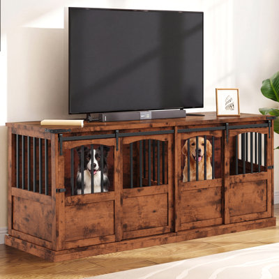 Meuble télé avec cage pour chien de 183 cm (72 pouces) et portes coulissantes, style ferme, pour chien.