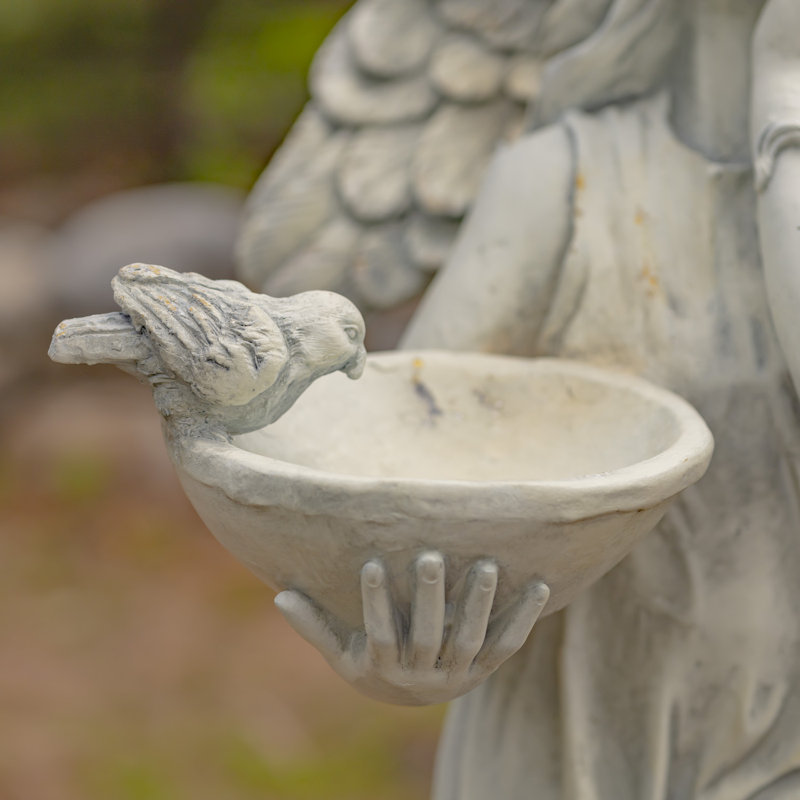 Jazmin Angel with Birdbath Magnesium Garden Statue, Antique White