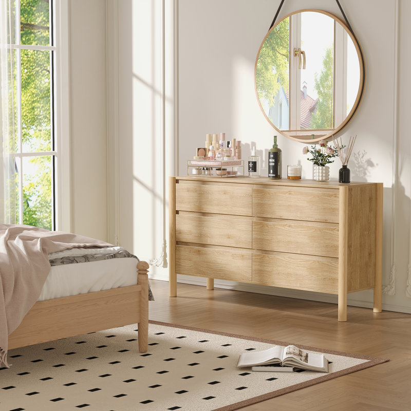 6 Drawers Dresser, Walnut Wood Double Dresser With Large Storage For Bedroom, Living Room, Natural