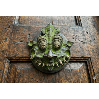 Brass Demon Face Door Knocker, 5.6 in. Green Patina Finish, Gothic Asian Traditional Hardware for Foyer & Front Door