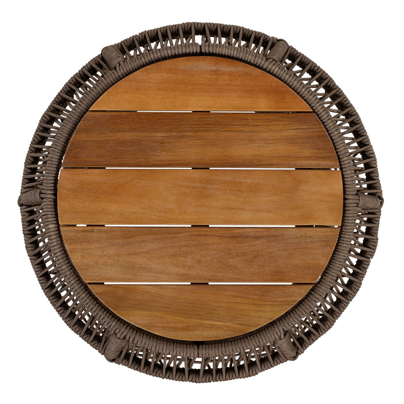 Table d'appoint ronde en bois d'acacia avec structure en corde tressée, capacité de 68 kg, aucun assemblage requis, résistante aux intempéries pour une utilisation intérieure et extérieure