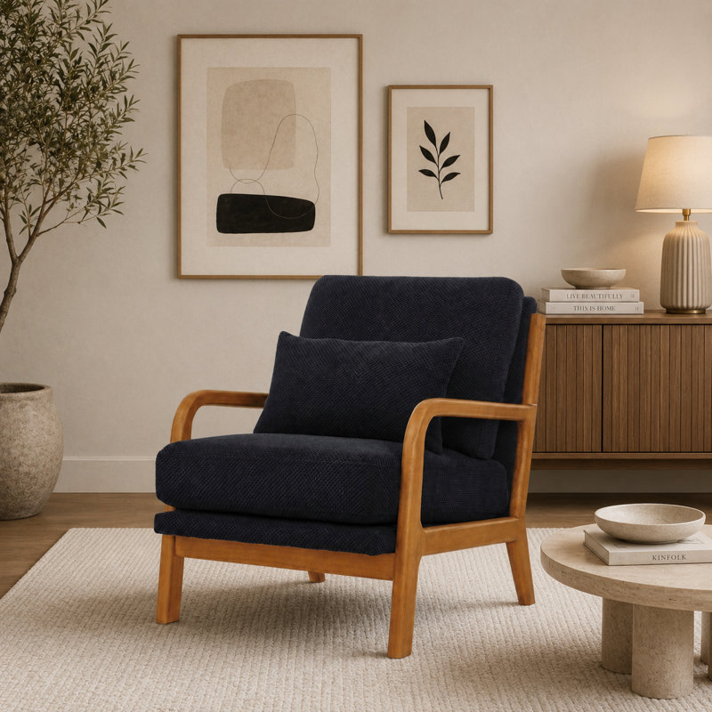 Fauteuil d'appoint texturé rembourré avec structure en bois massif et coussin lombaire, Noir