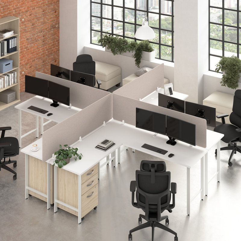 Bush Business Furniture Hustle 4 Person L Shaped Desk With Mobile File Cabinets, Power Grommets, And Privacy Screens - Reversible