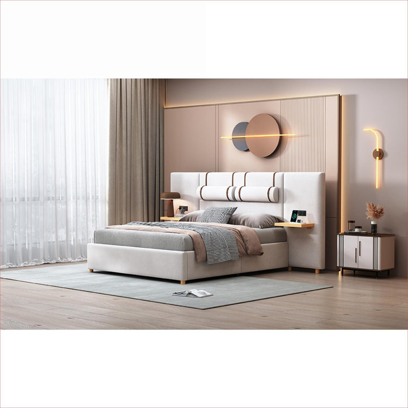 Lit plateforme tapissier grand doux en velours beige doux pour le repos quotidien, style moderne et fonctionnel pour la chambre à coucher