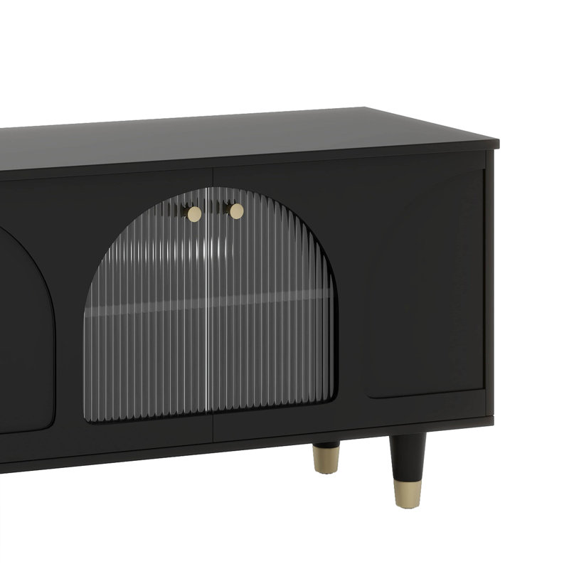 Meuble télé contemporain avec tablettes réglables, portes en verre cannelé, Noir