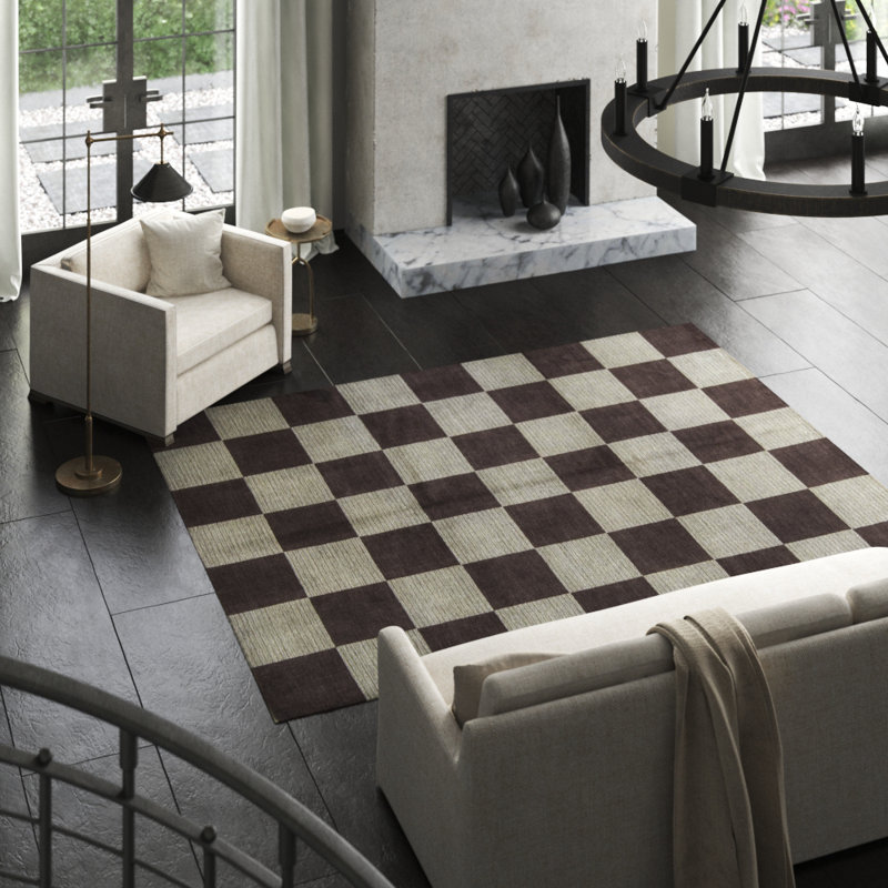 Gabbeh Wool Checkered Area Rug in Brown/Beige, Rectangle 3'10" x 5'10"