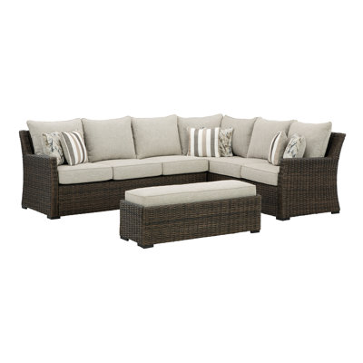  Evolo 111.5'' Wide L-Shaped Patio Sectional Set with Cushions & Bench